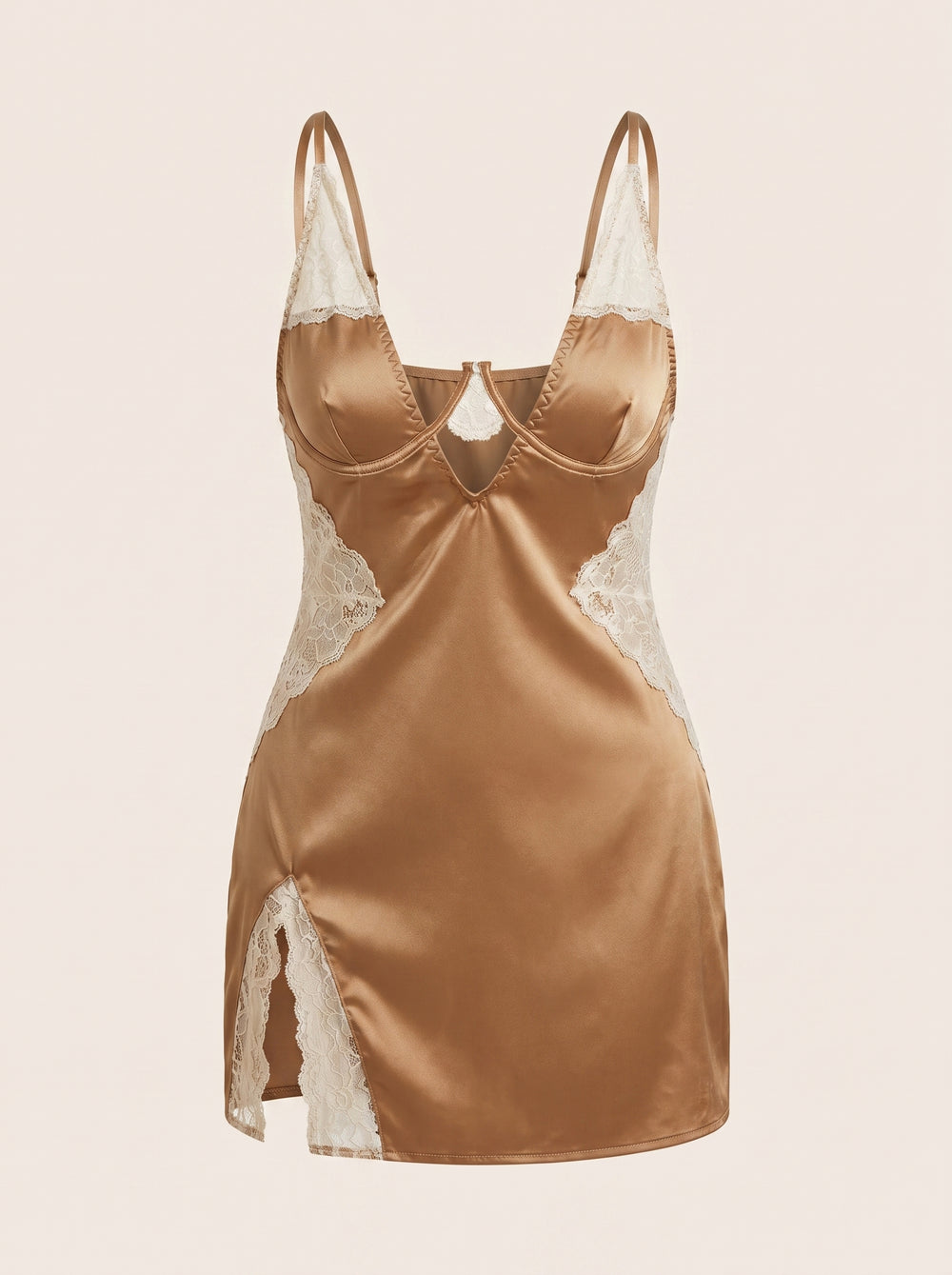 Plus Size Champagne Satin Chemise with Lace Trim and Deep V-Neck