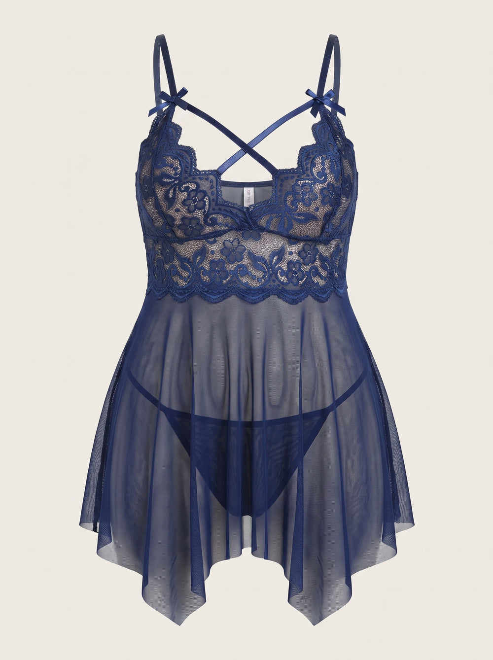 Plus Size Dark Navy Blue Lace Nightgown with Sheer Lace Detail
