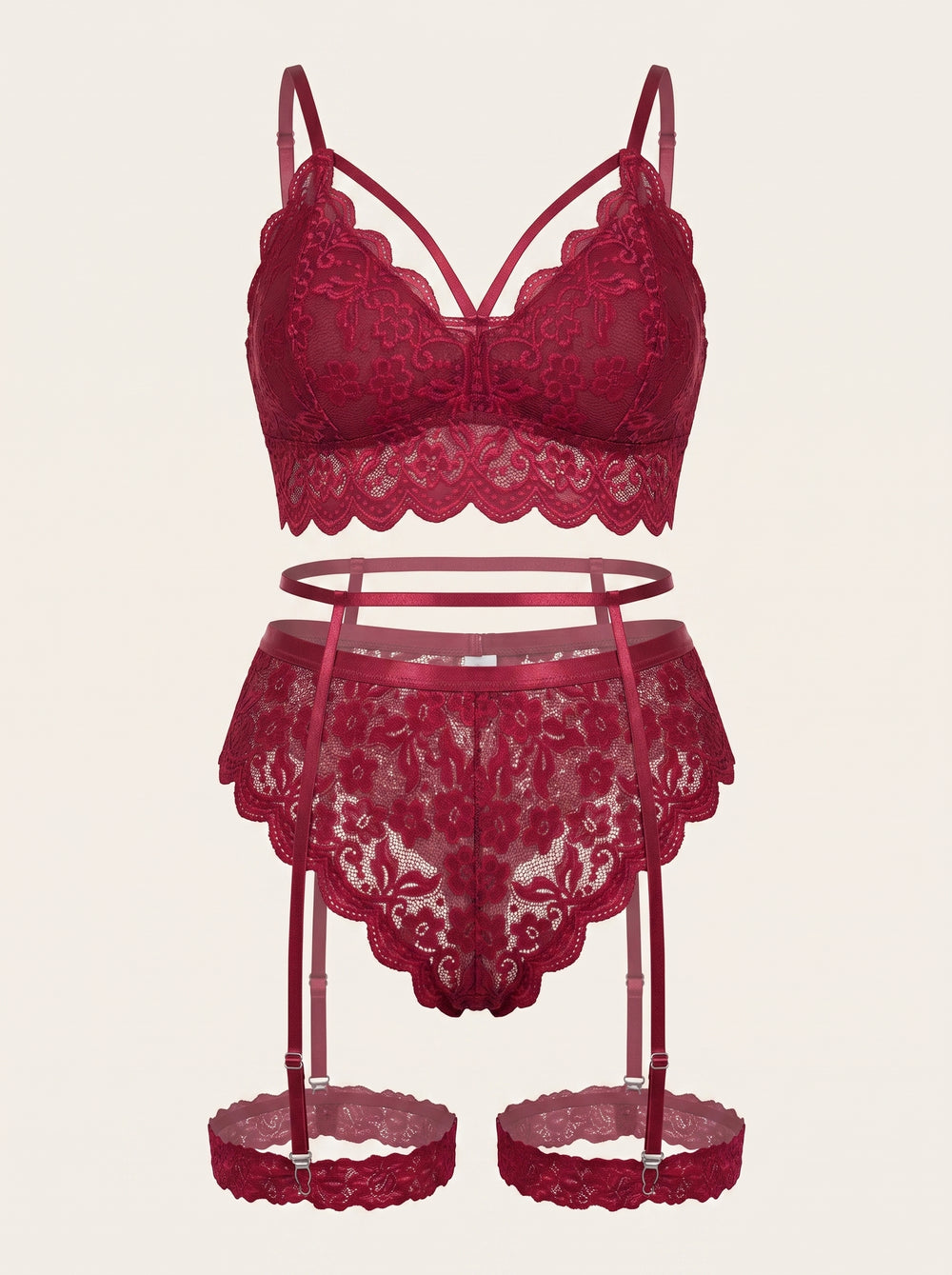 Plus Size Deep Red Lace Lingerie Set with Scalloped Edges