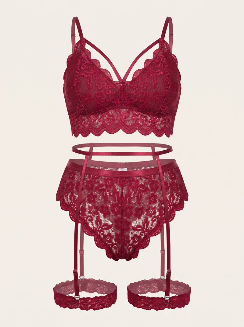 Plus Size Deep Red Lace Lingerie Set with Scalloped Edges