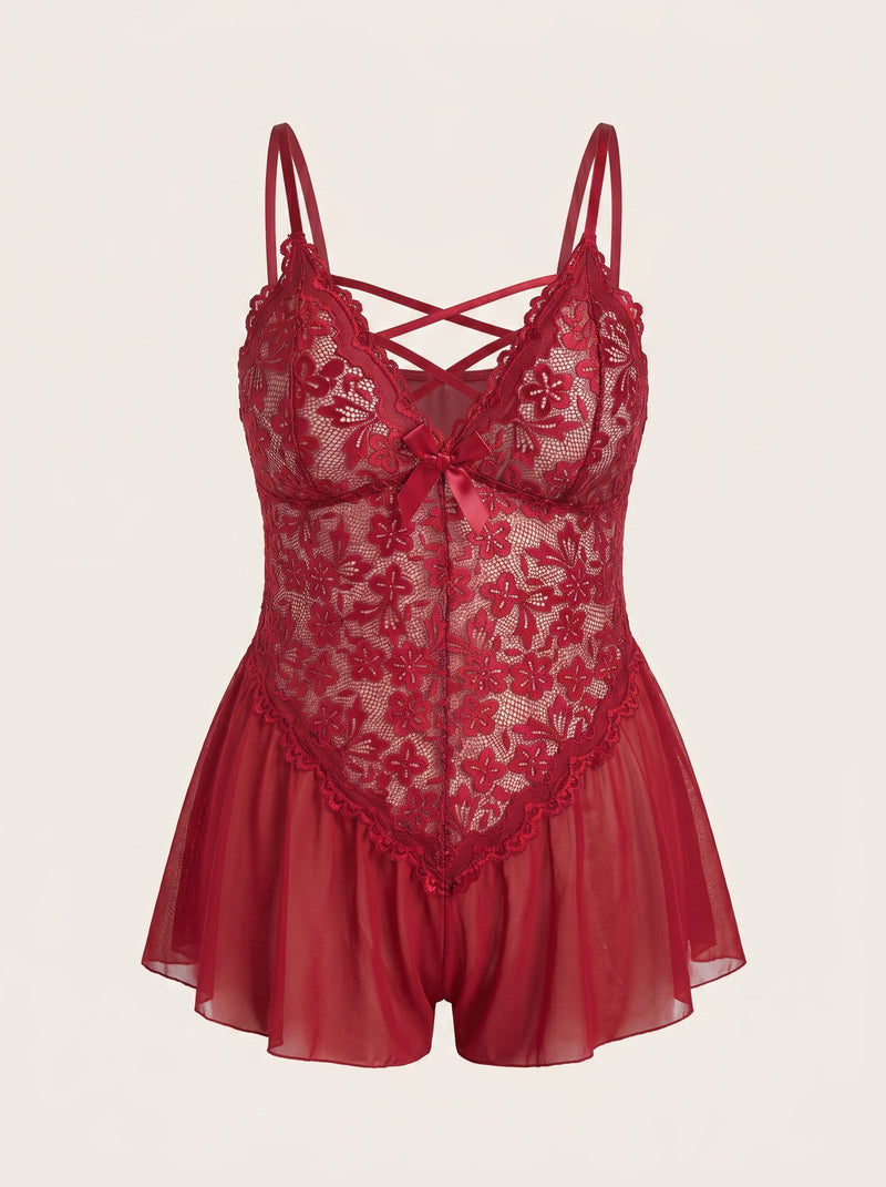 Plus Size Deep Red Lace Bodysuit with Strappy Details