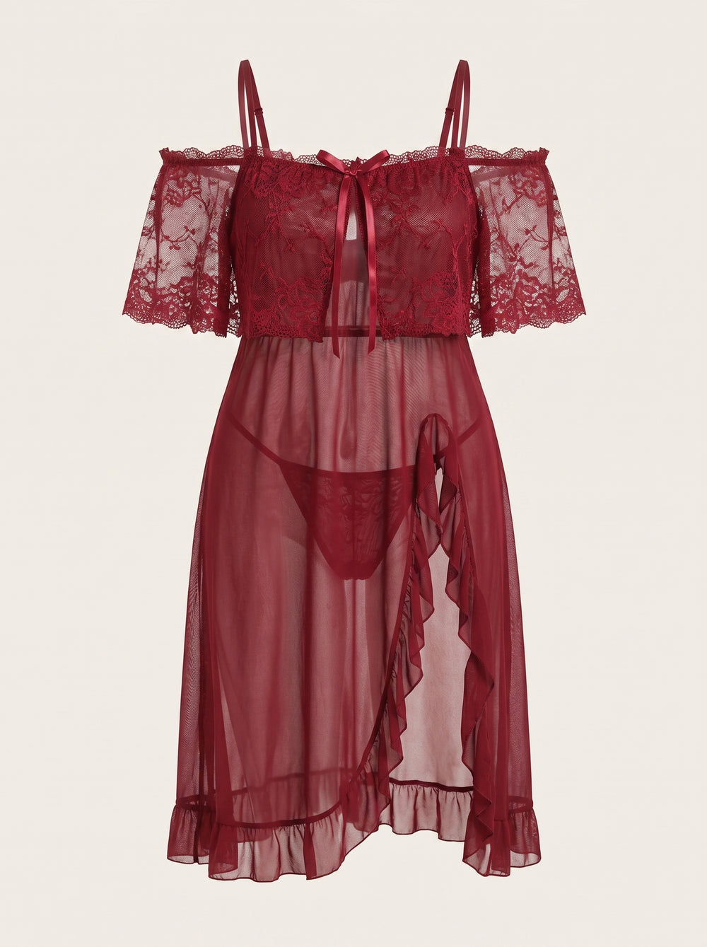 Plus Size Deep Red Lace Nightdress and Panty Set with Sheer Elegance