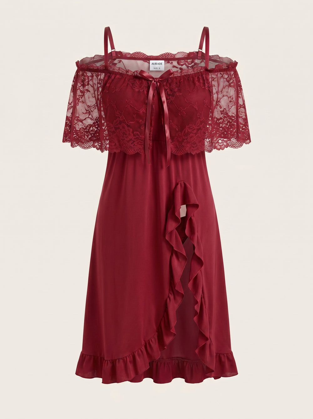 Plus Size Deep Red Lace Nightgown with Ruffles