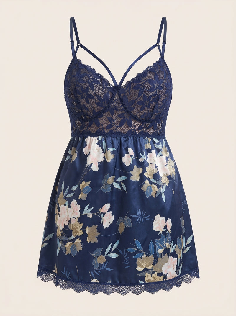 Plus Size Floral Navy Embroidered Mesh Nightdress Set with Thong