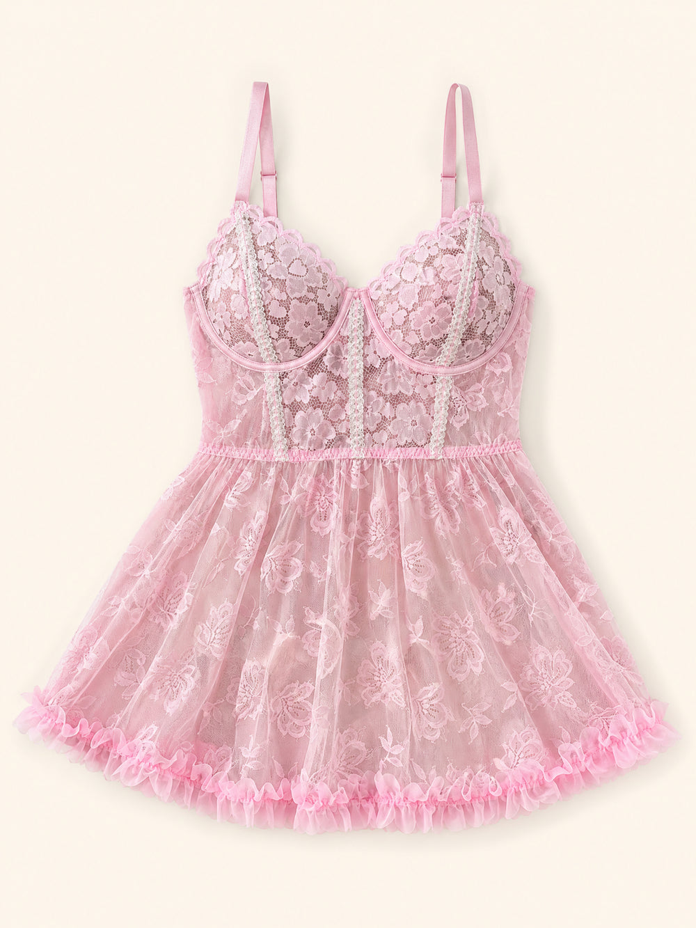 Plus Size Floral Pink Lace Babydoll Set with Panty