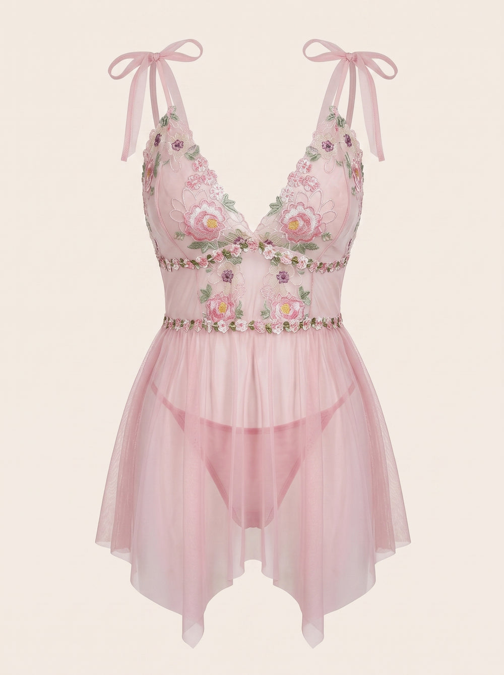 Plus Size Floral Pink Mesh Nightdress with Tie Straps