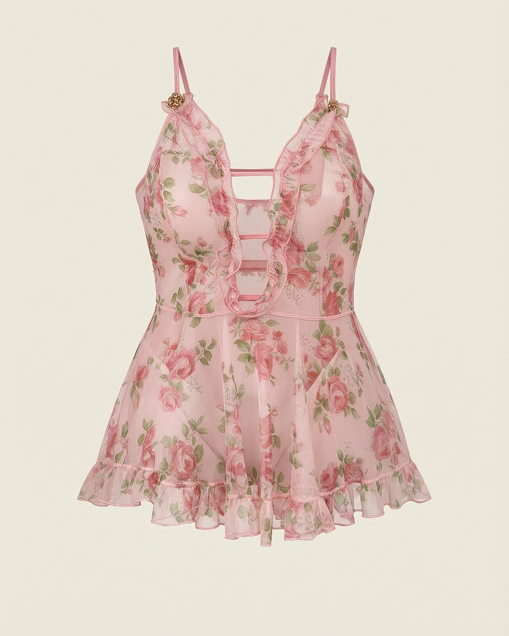 Plus Size Floral Pink Sheer Mesh Babydoll with Ruffle