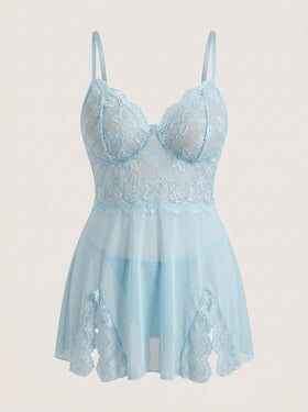 Plus Size Light Blue Lace Slip Dress with Slit-Nightgown-Bellascena-Light Blue-XL-bellascena