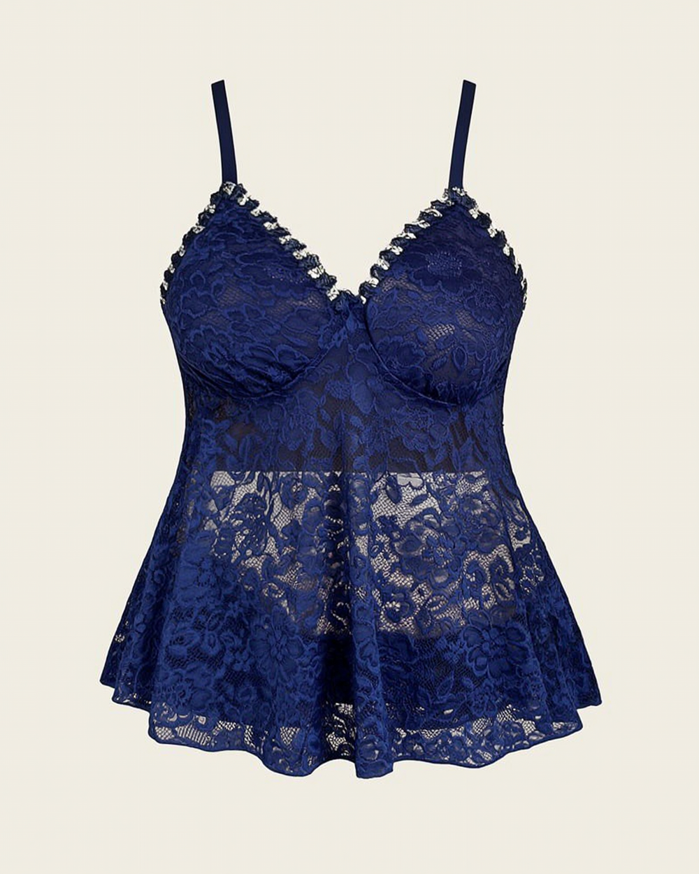 Plus Size Navy Blue Lace Babydoll with Sheer Elegance