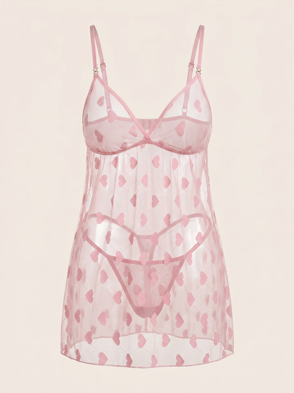 Plus Size Pink Heart Print Mesh Babydoll with Strappy Sheer Detail