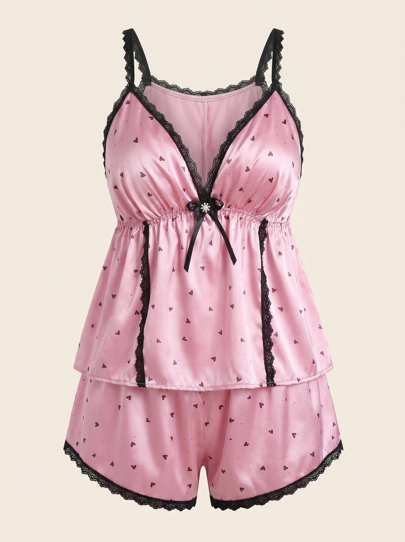 Plus Size Pink Heart Satin Pajama Set with Spaghetti Straps