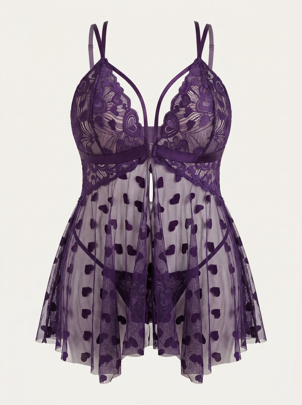 Plus Size Purple Heart Pattern Lace Nightgown with Sheer Front Slit