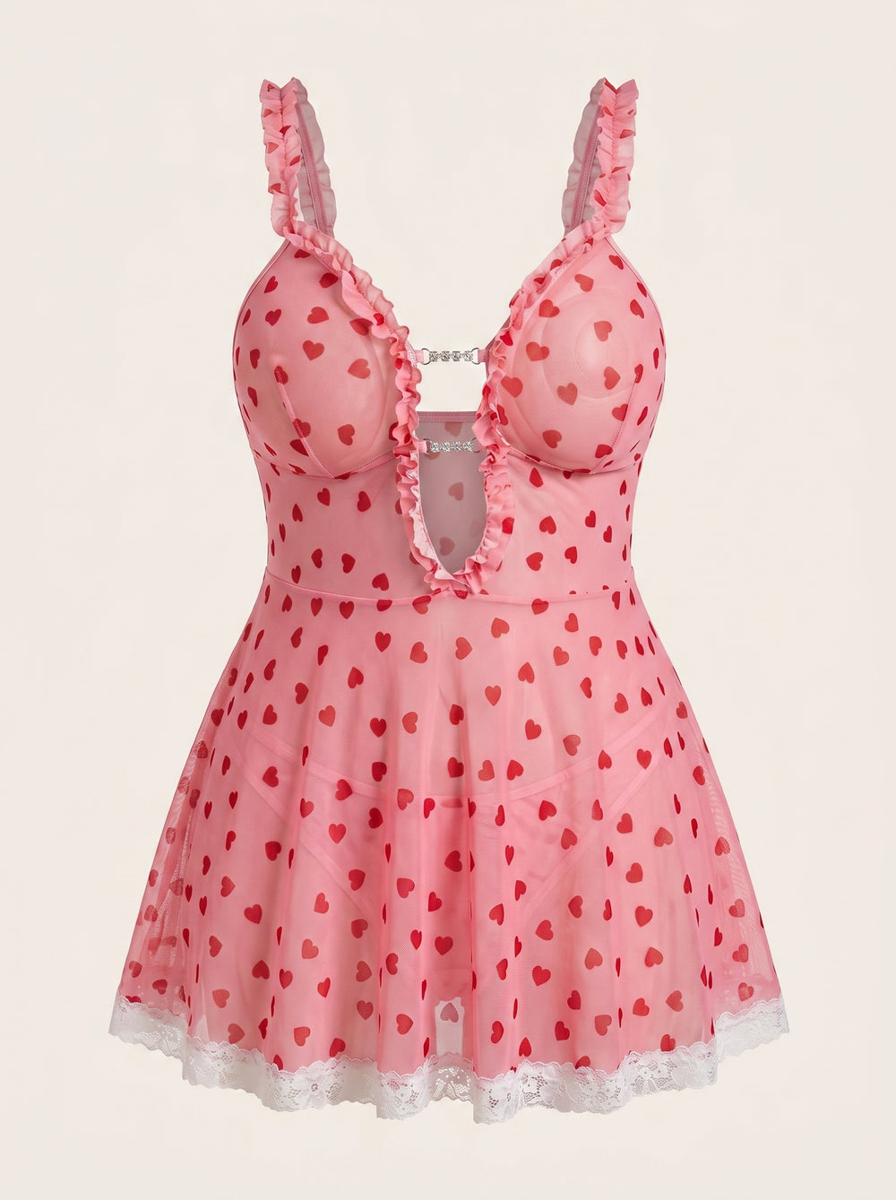 Plus Size Red Heart Pattern Mesh Chemise Set with Panty