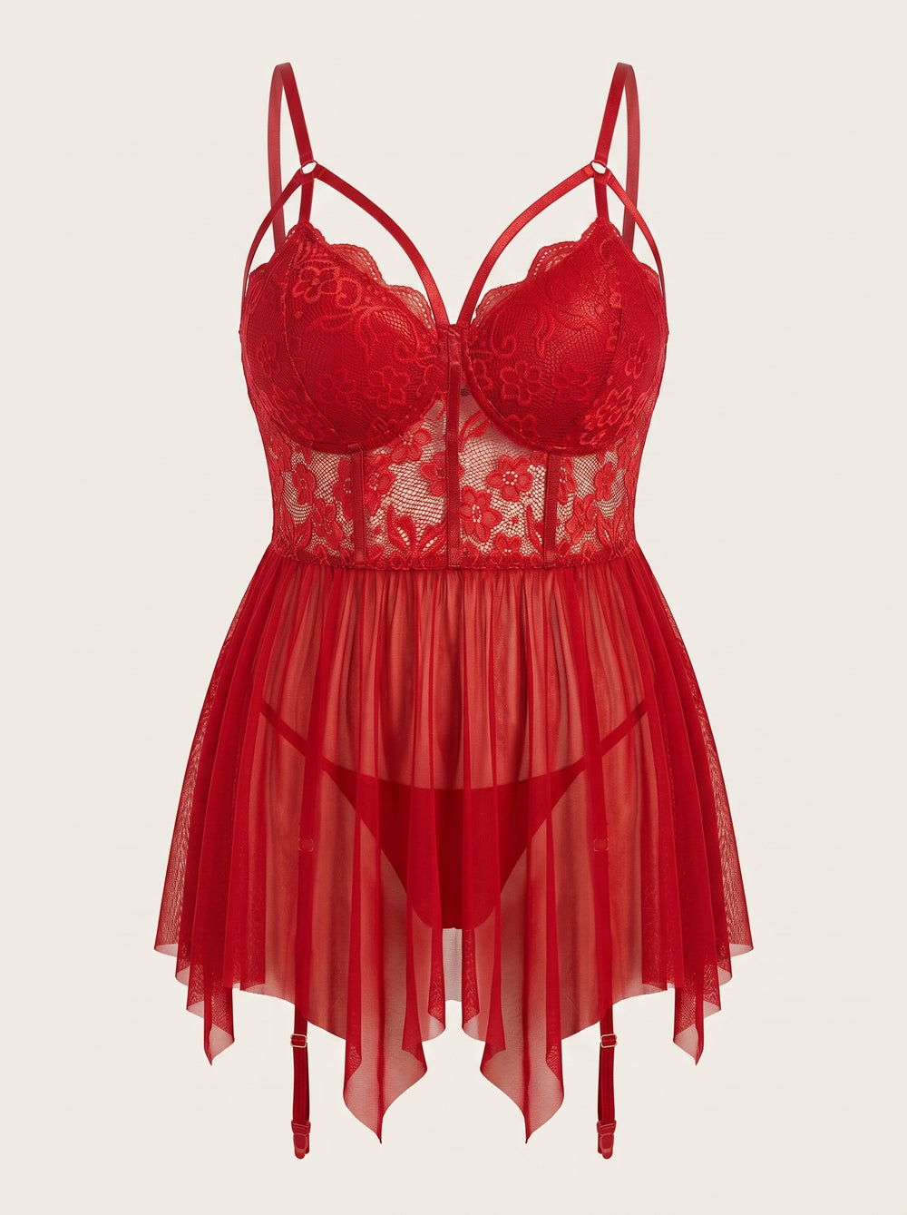 Plus Size Red Lace Babydoll Nightgown with Floral Details