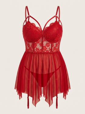 Plus Size Red Lace Babydoll Nightgown with Floral Details-Nightgown-Bellascena-Red-XL-bellascena