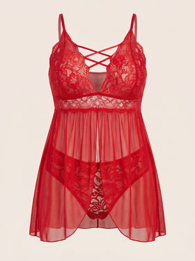 Plus Size Red Lace Babydoll with Criss-Cross Details-Lingerie Set-Bellascena-Red-L-bellascena