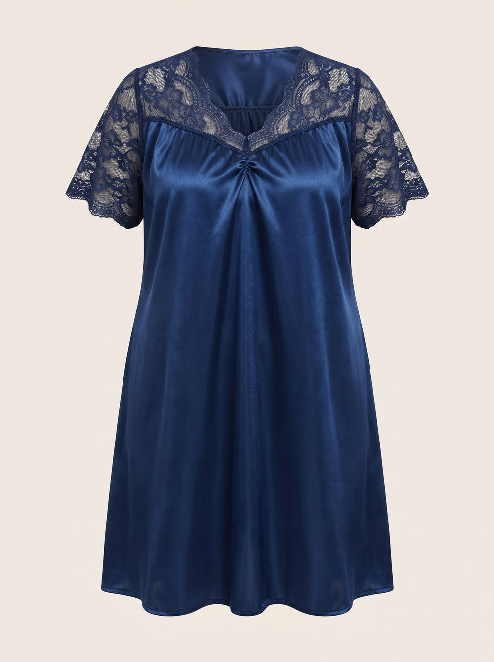 Plus Size Royal Blue Silk Pajama Set with Lace Pattern