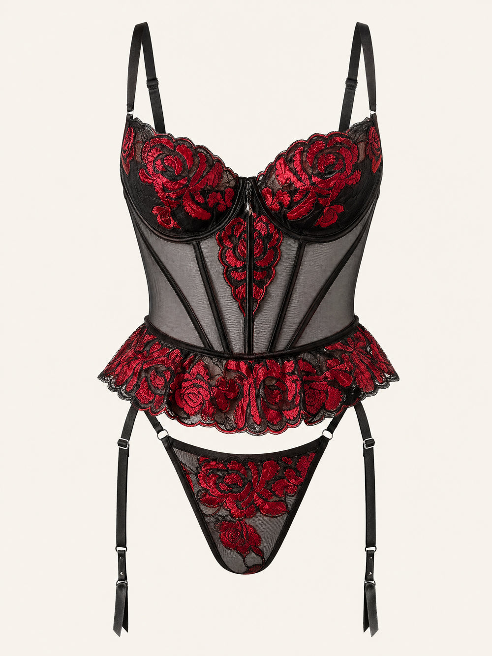 Set di lingerie in rete rossa con ricami floreali e bordi smerlati