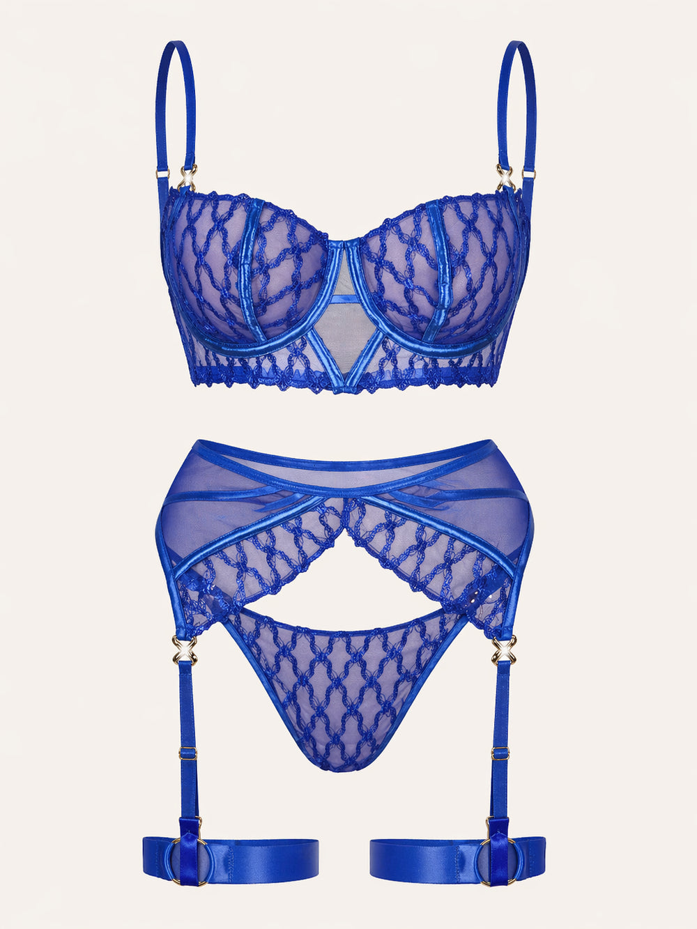 Royal Blue Embroidered Mesh Lingerie Set with Garter Belt