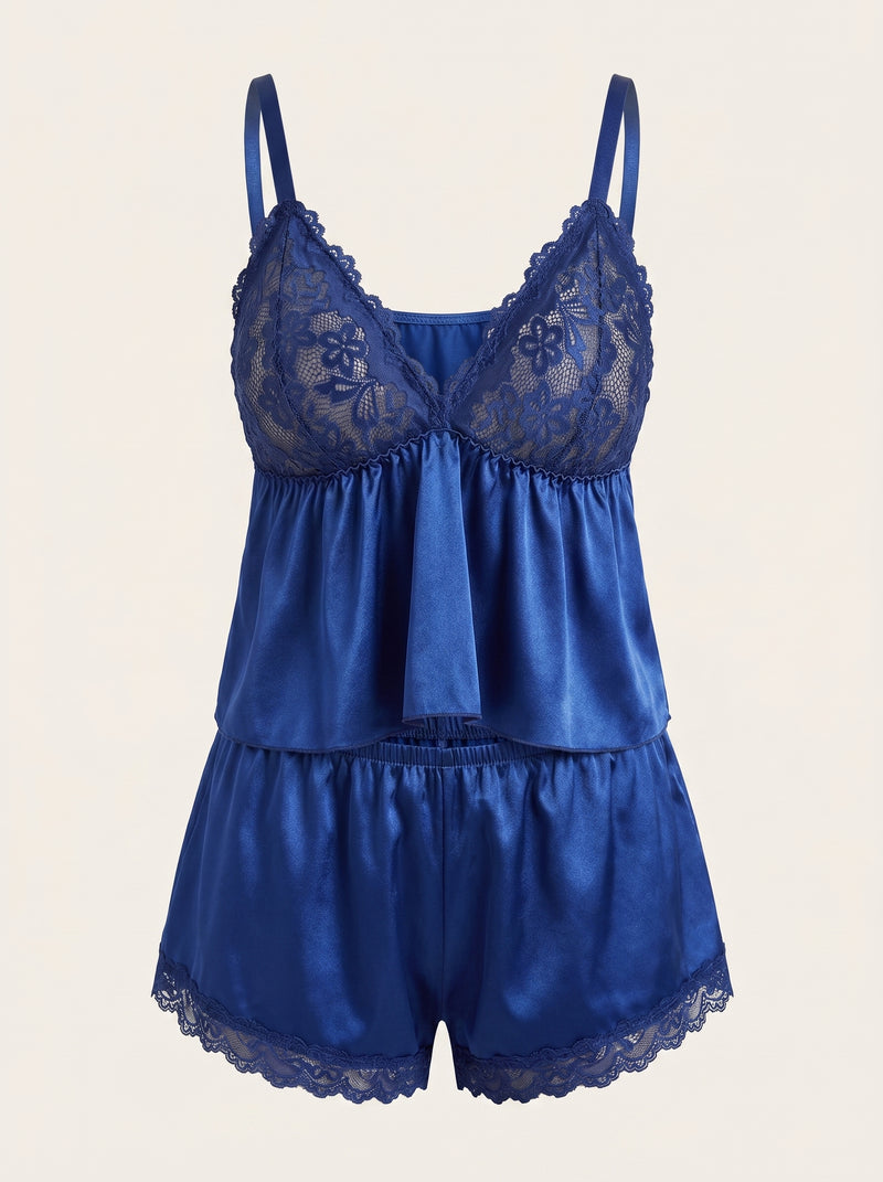 Set pigiama blu reale in raso con dettagli in pizzo