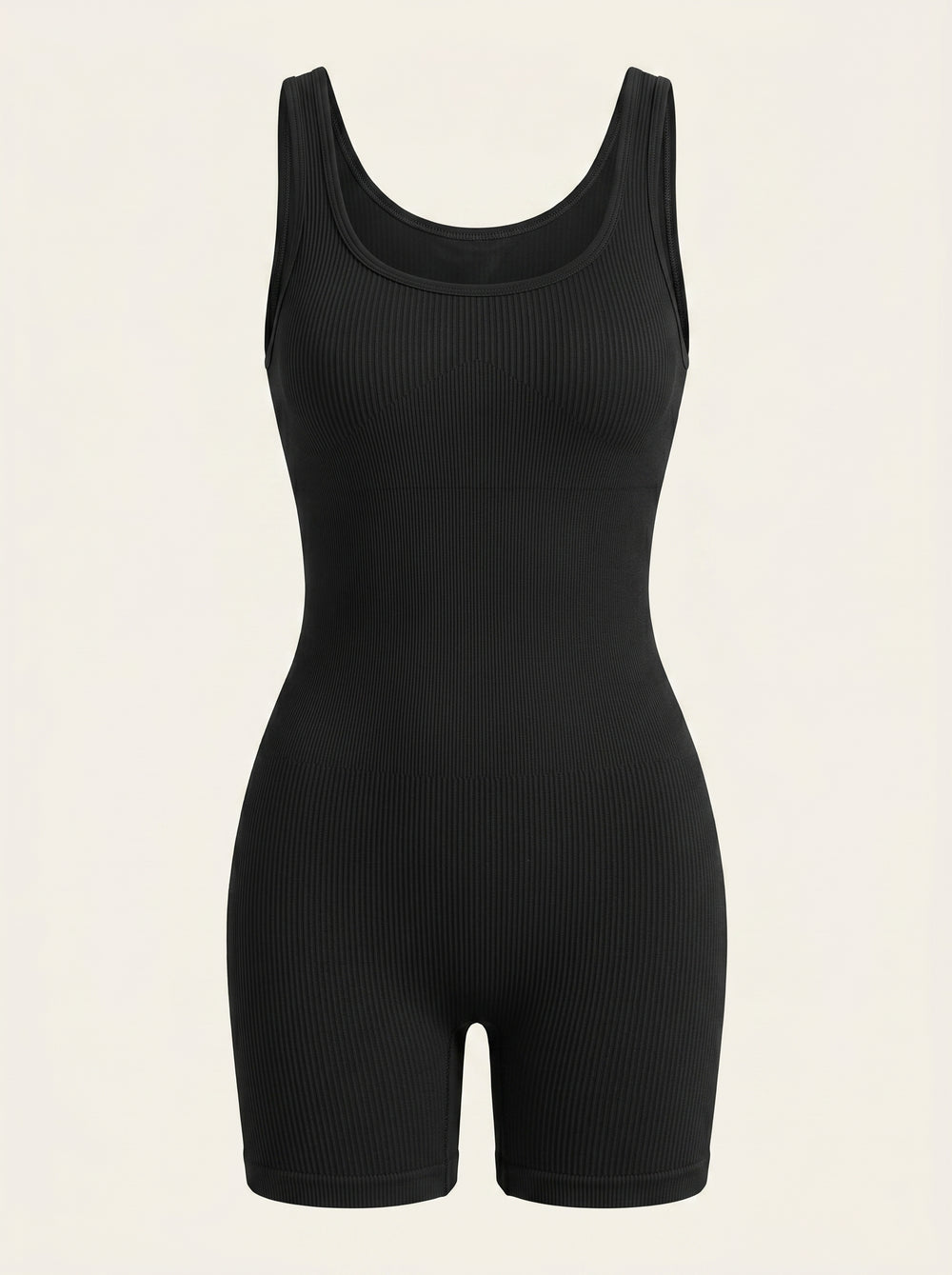Seamless Black Ribbed Bodysuit Shaper with Long Legs