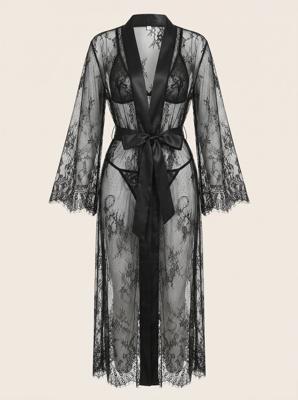 Sheer Black Lace Kimono Robe with Satin Tie