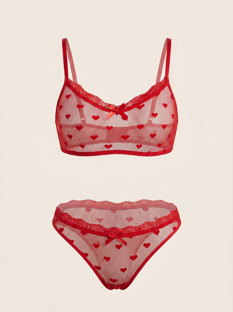 Sheer Red Heart Pattern Mesh Lingerie Set with Strappy Design