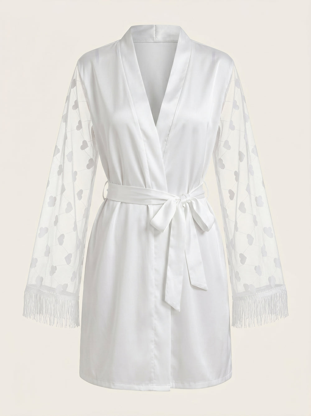 Sheer White Satin Kimono Robe with Heart Pattern