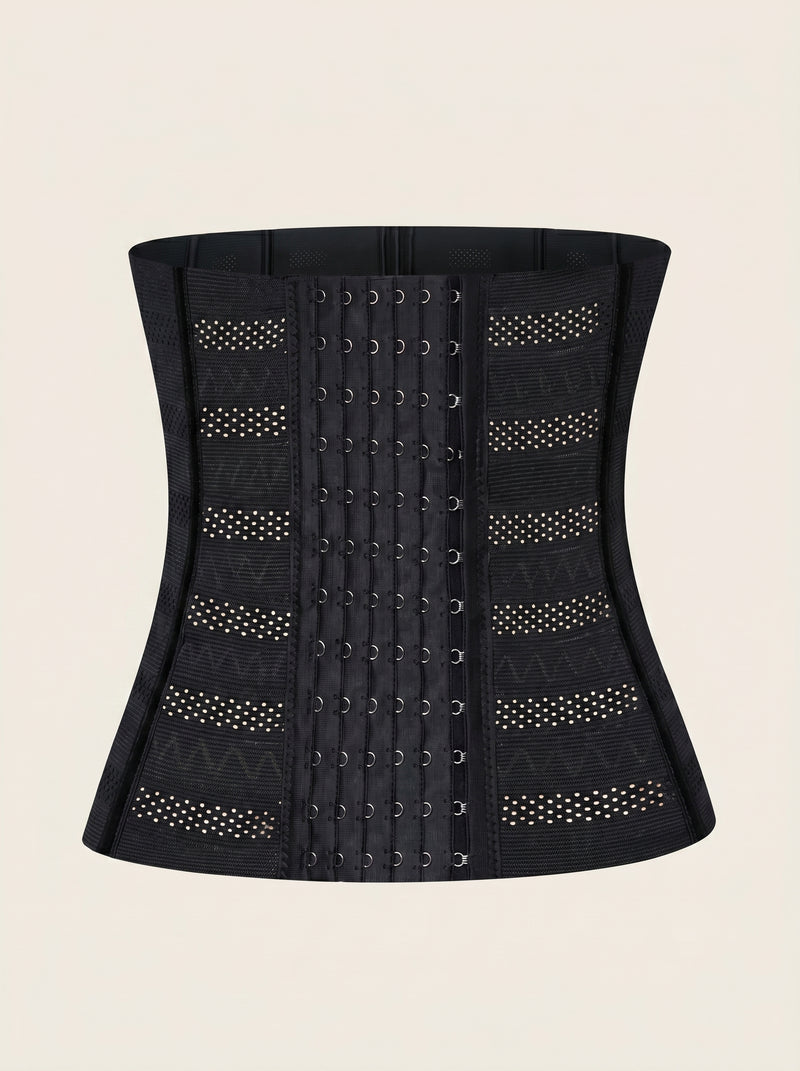 Steel Boned Black Mesh Waist Trainer with Hook-and-Eye Closure