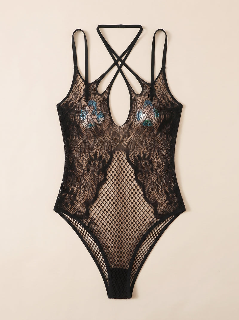 Body in pizzo nero con spalline e cut-out trasparenti