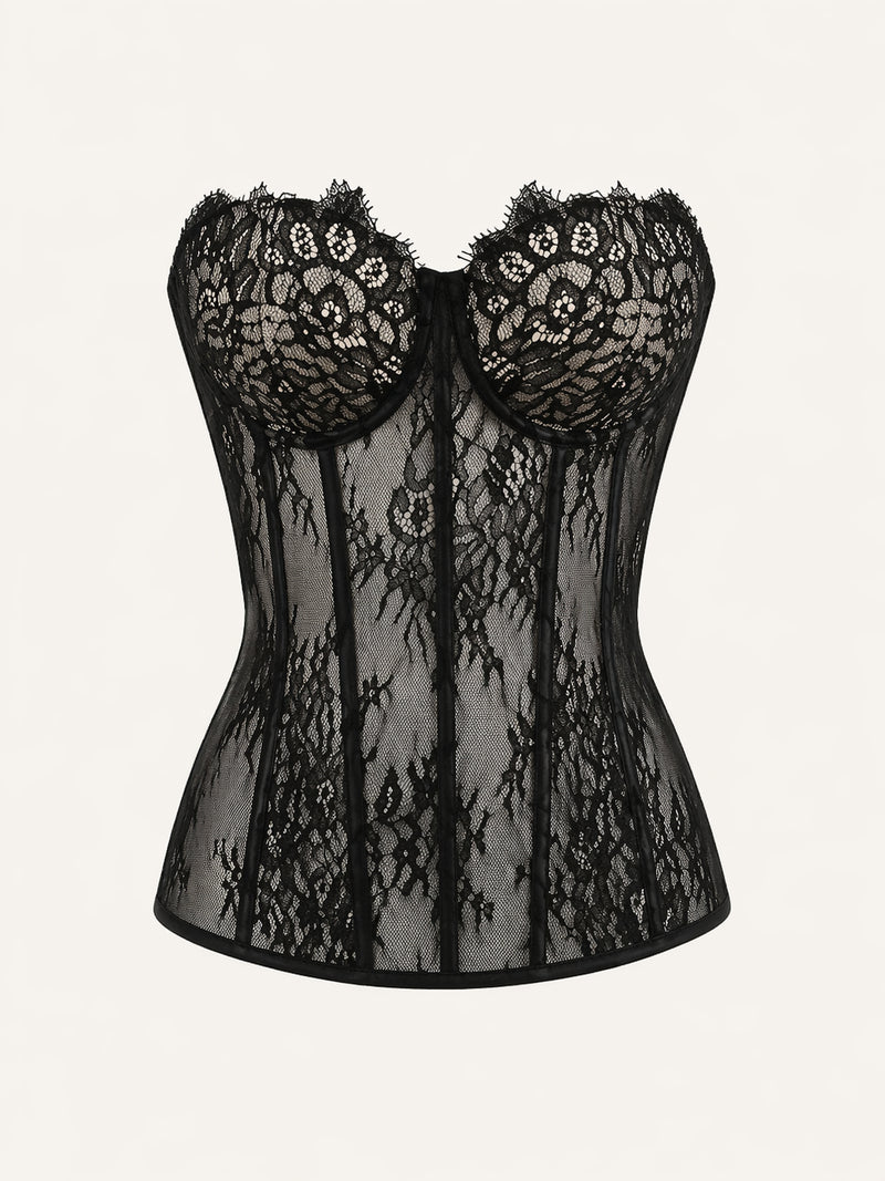 Strappy Black Lace Corset with Sheer Design