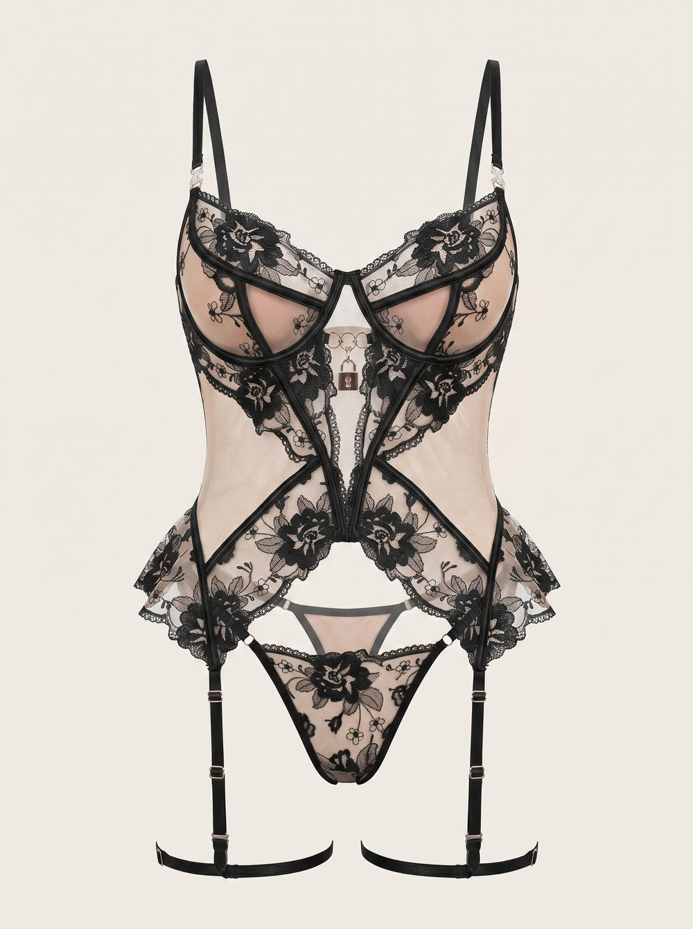 Completo di lingerie in pizzo nero con fasce e coppe con ferretto