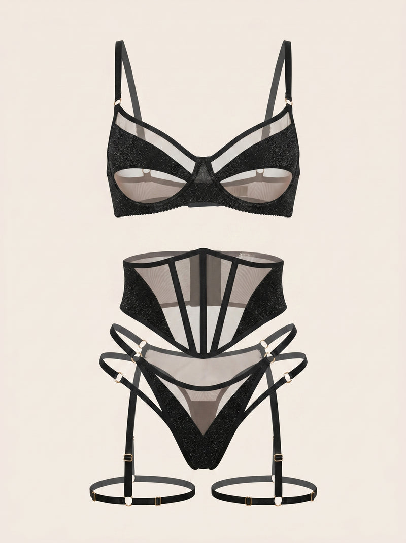 Schwarzes Riemchen-Lingerie-Set aus Mesh mit Taillenmieder und Cut-outs