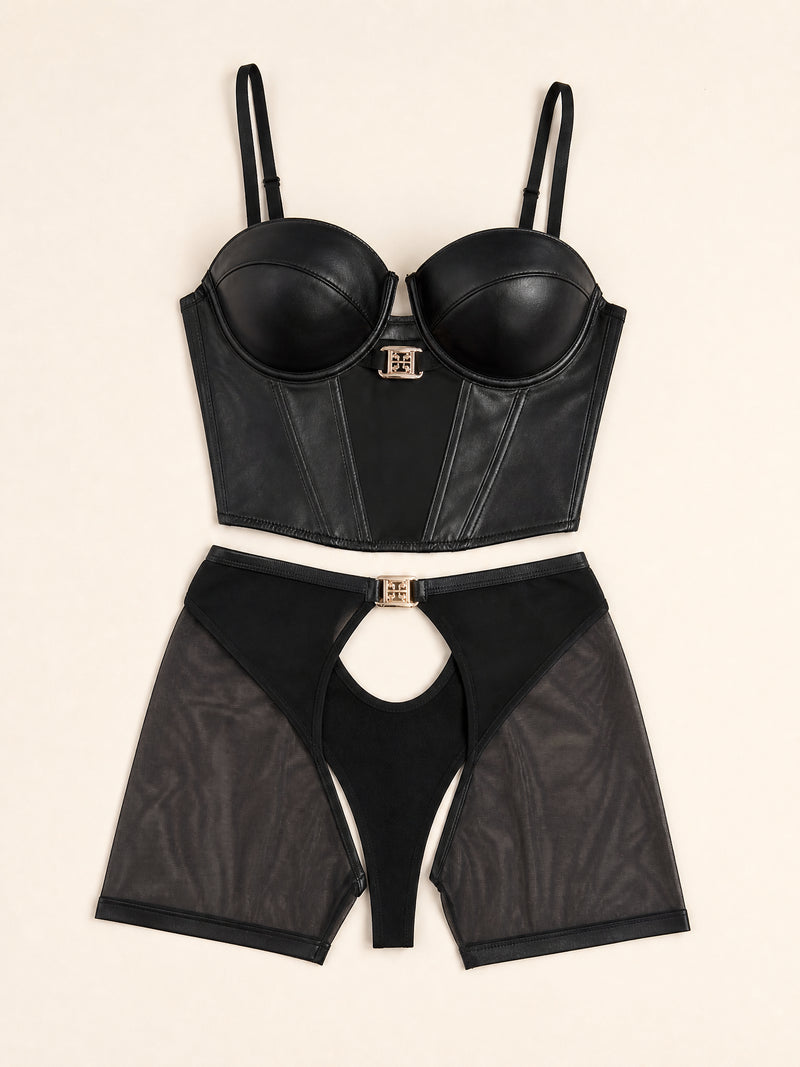 Schwarzes Satin-Dessous-Set mit transparenten Riemchen-Details