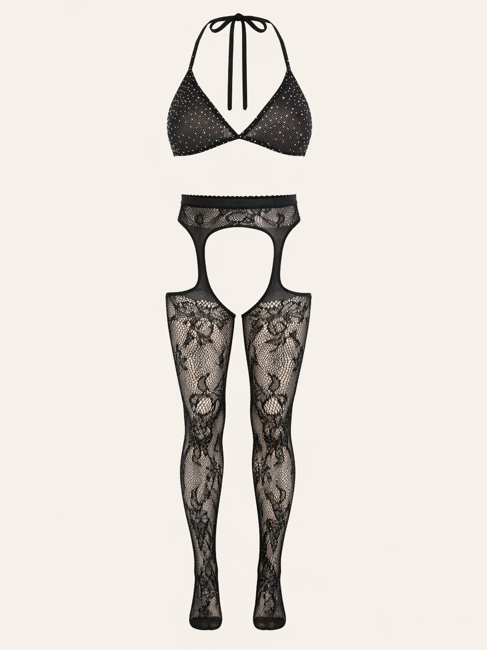 Collant con reggicalze in pizzo nero con cut-out e cinturini