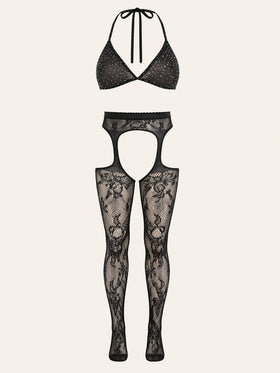 Strappy Black Velvet Bodystocking with Lace Cutout-Bodysuit-Bellascena-S-Black-bellascena