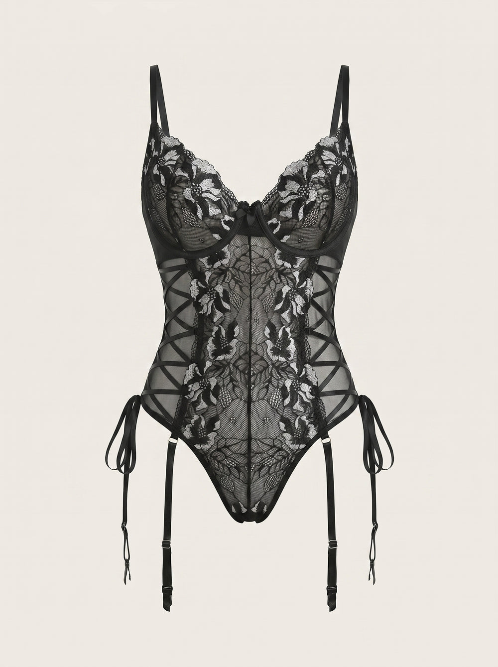 Strappy Black & White Lace Bodysuit with Underwire