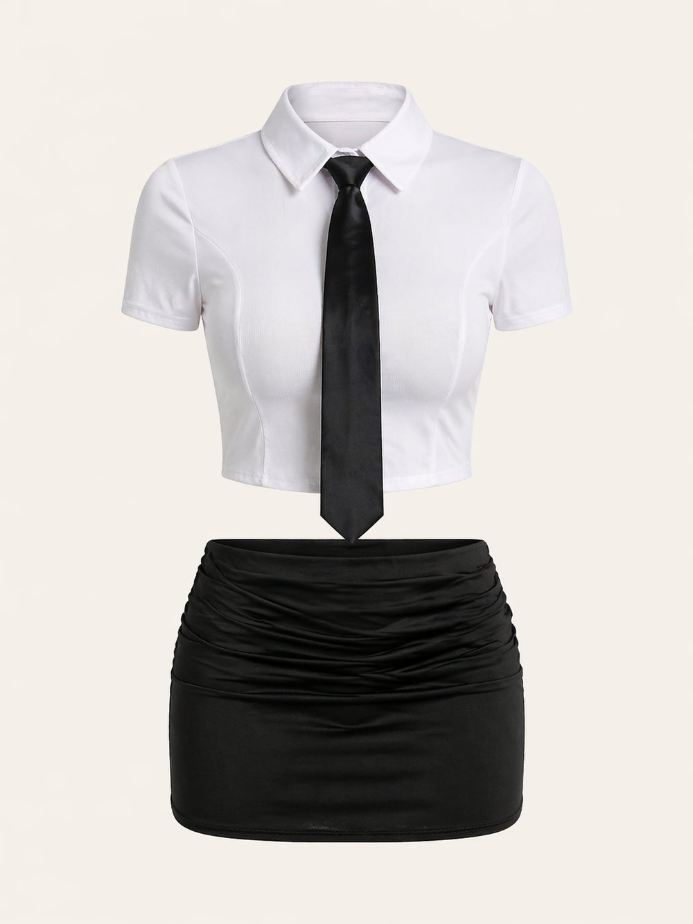 Black and White Costume Set with Shirt, Tie and Ruched Skirt