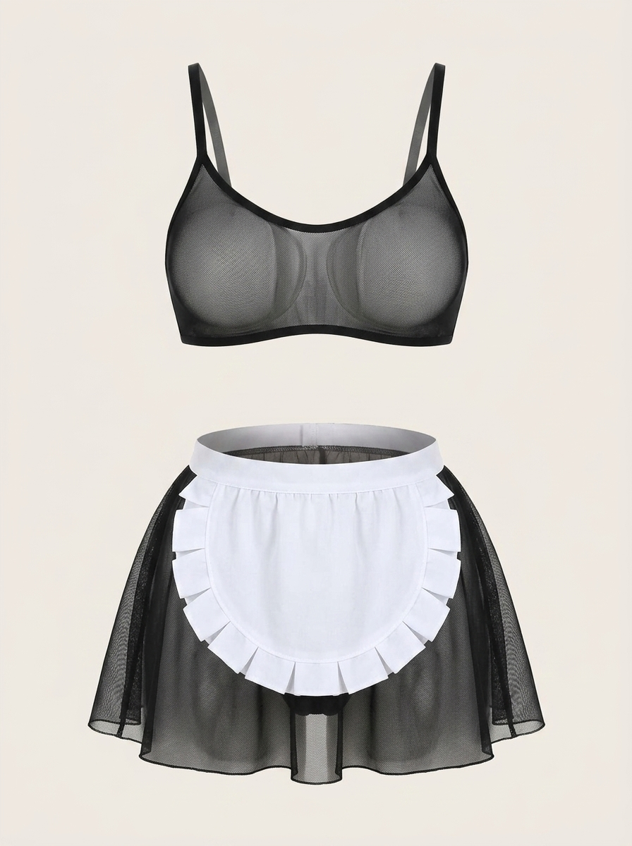 Set di lingerie nero e bianco in rete con spalline e volant