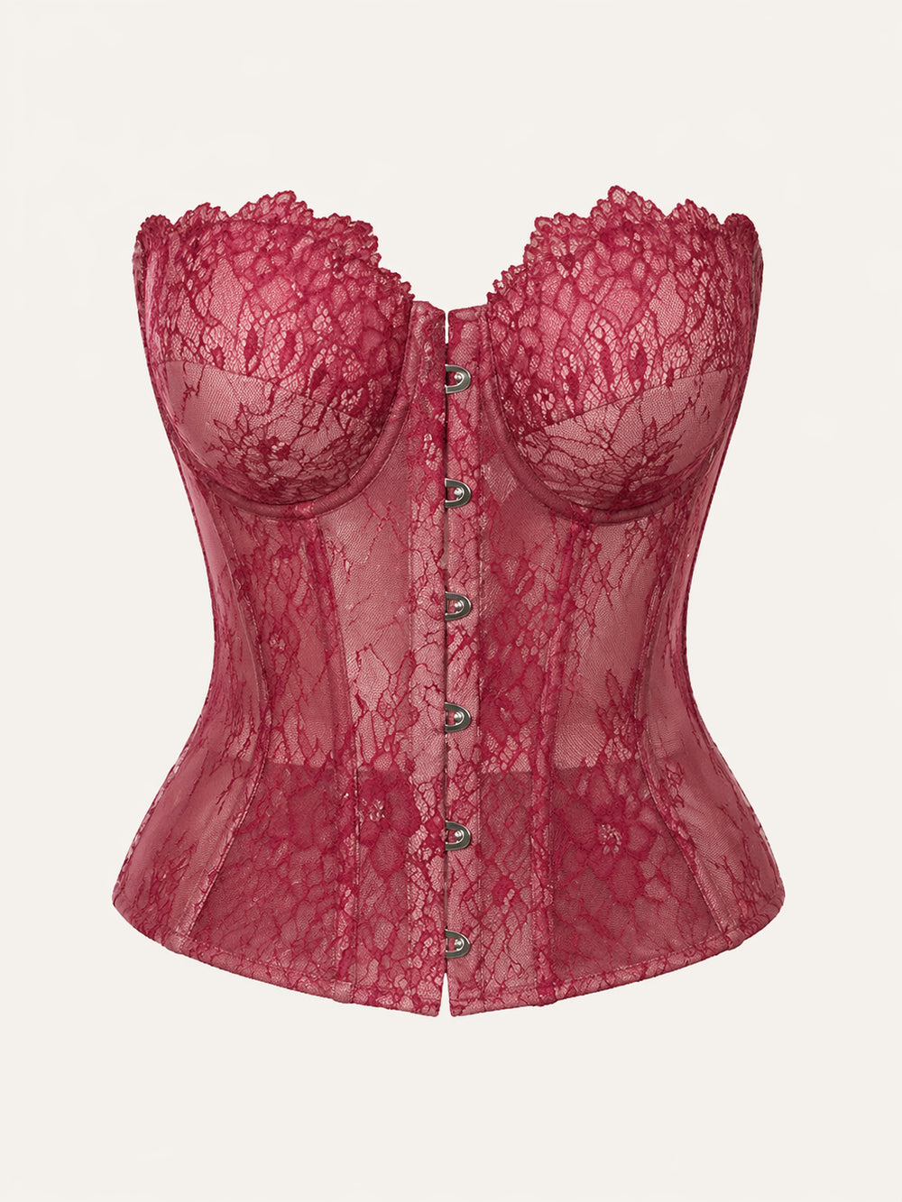 Strappy Deep Red Lace Corset with Front-Fastening