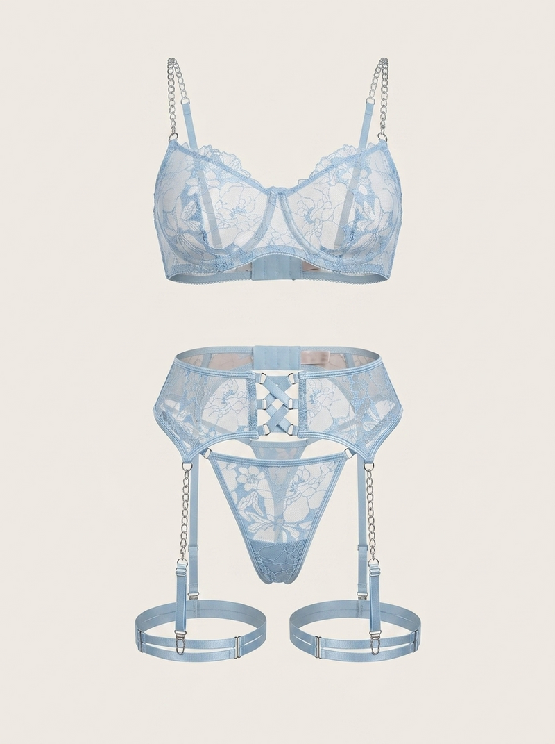 Strappy Floral Blue Embroidered Mesh Lingerie Set with Chain Detail