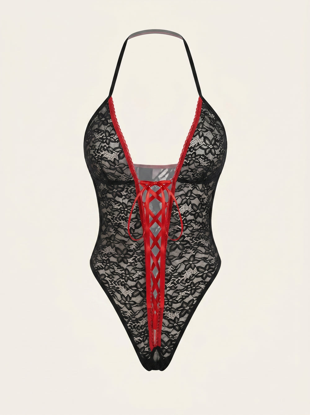 Strappy Lace-Up Black Lace Bodysuit with Red Accents
