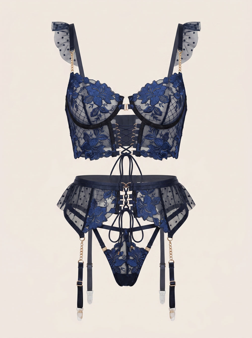 Completo di lingerie in pizzo floreale blu navy con spalline e reggicalze