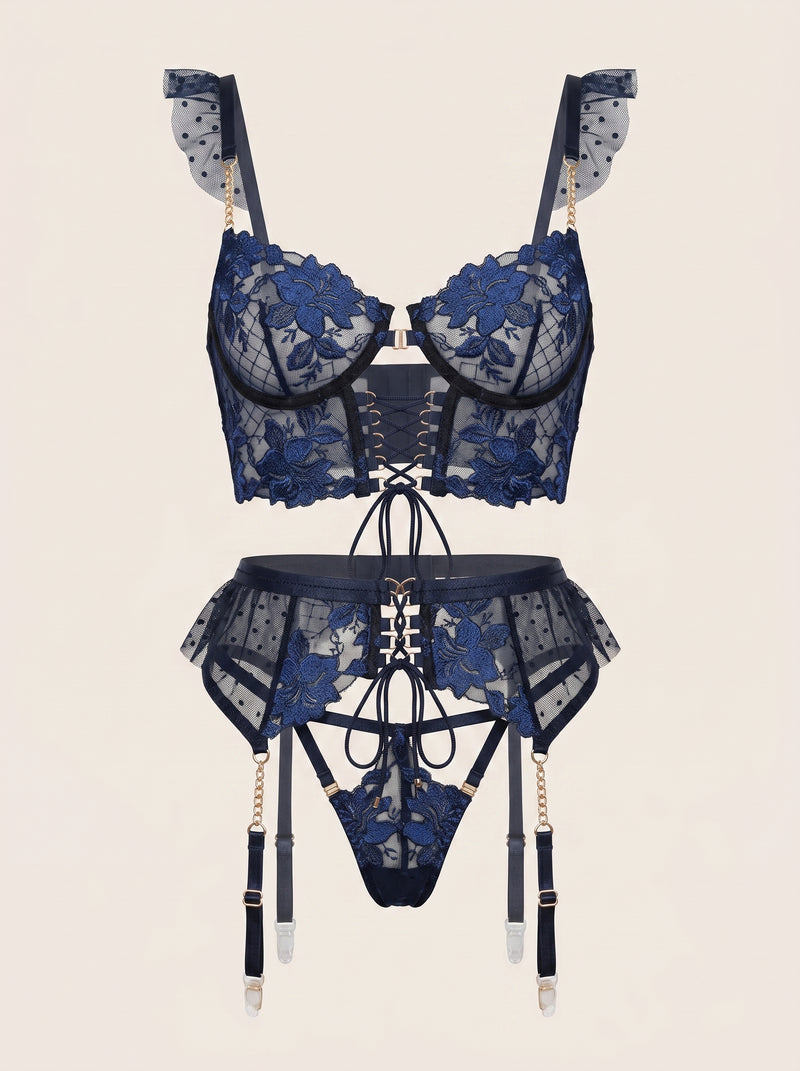 Strappy Navy Blue Floral Lace Lingerie Set with Garter Belt