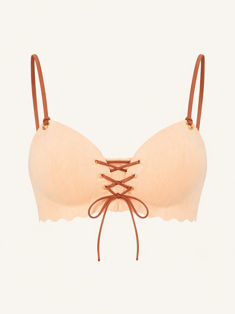 Strappy Peach Matte Synthetic Bra with Ties