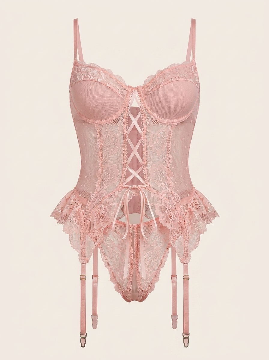 Strappy Pink Lace Lingerie Set with Garter Belt