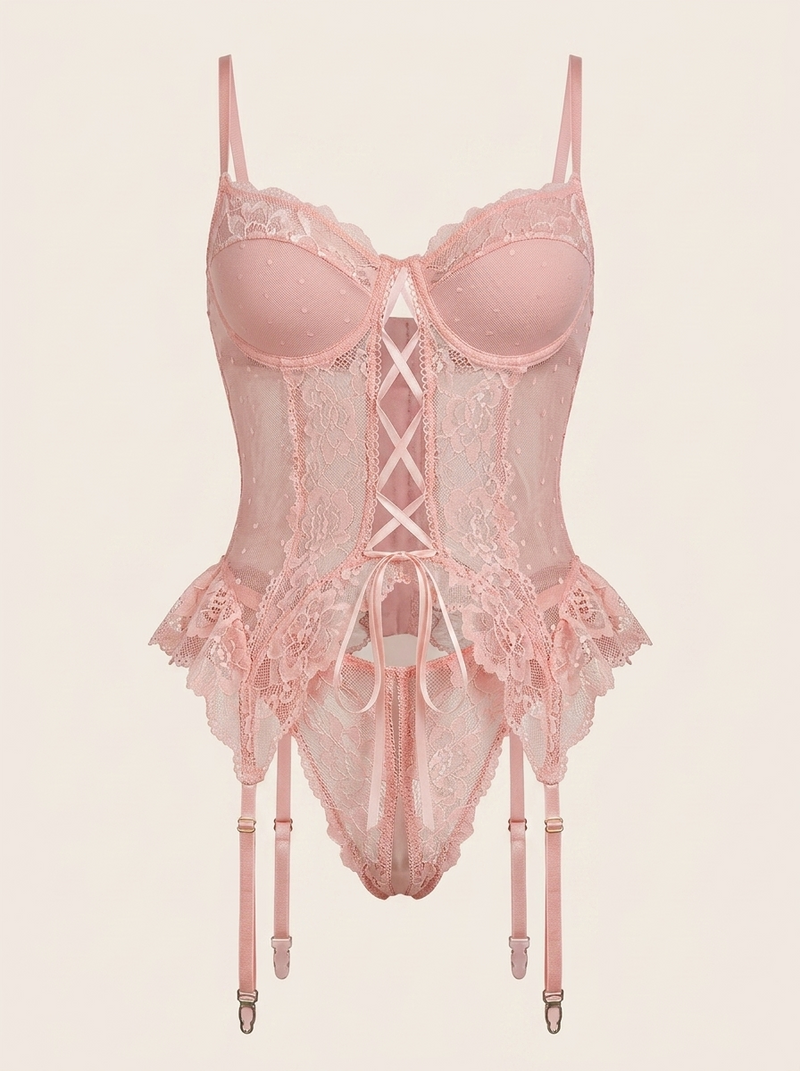 Strappy Pink Lace Lingerie Set with Garter Belt