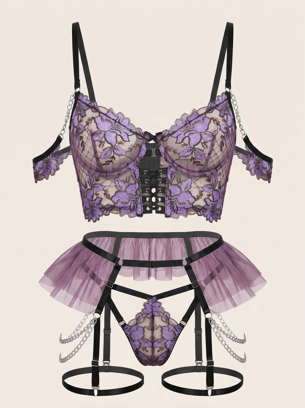 Strappy Purple Floral Lace Lingerie Set with Garter Belt and Sheer Cutouts