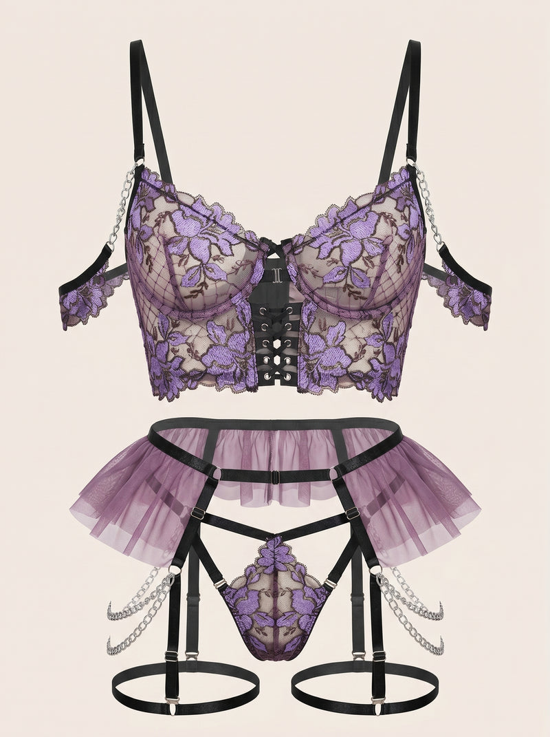 Strappy Purple Floral Lace Lingerie Set with Garter Belt and Sheer Cutouts