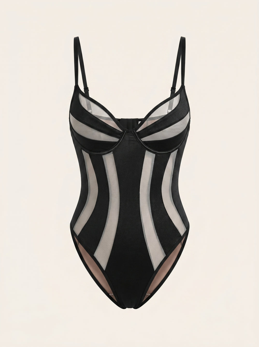 Striped Black and Nude Mesh Bodysuit with Strappy Details